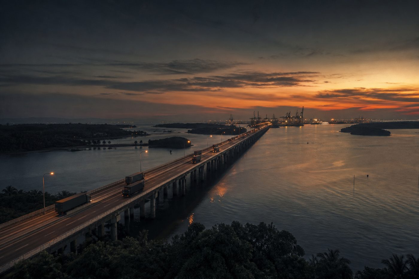 Causeway crossing at dusk