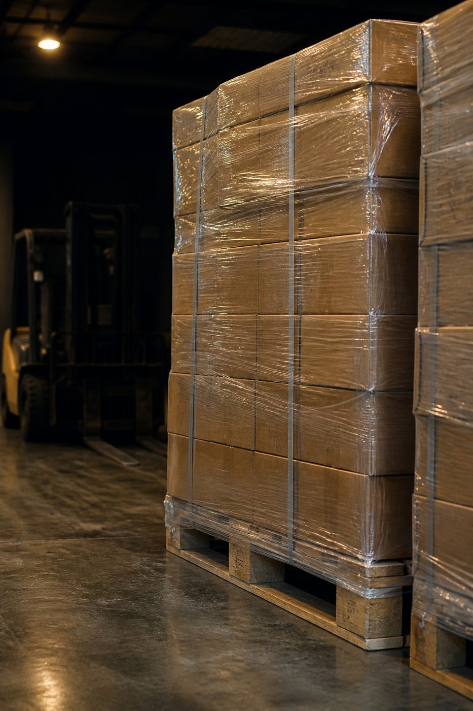Shrink-wrapped pallets stacked in the warehouse